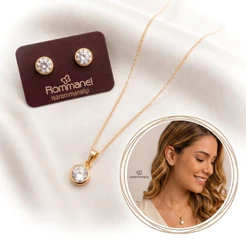 Conjunto Rommanel Colar Com ou Sem Pingente e Brincos de Cristal Solitário