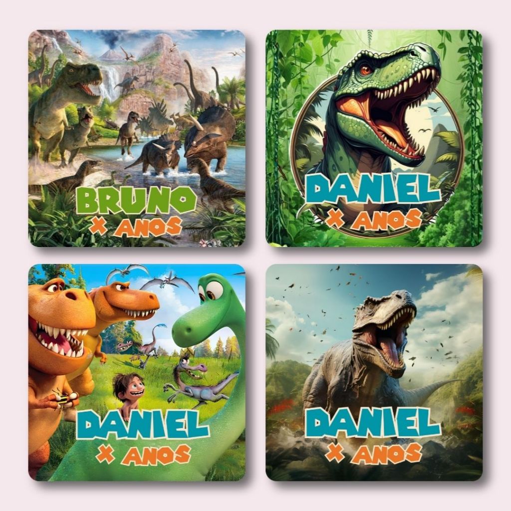 45 Adesivos Personalizados Dinossauro Quadrado para Lembrancinhas Festa Infantil | 4x4 ou 5x5 cm