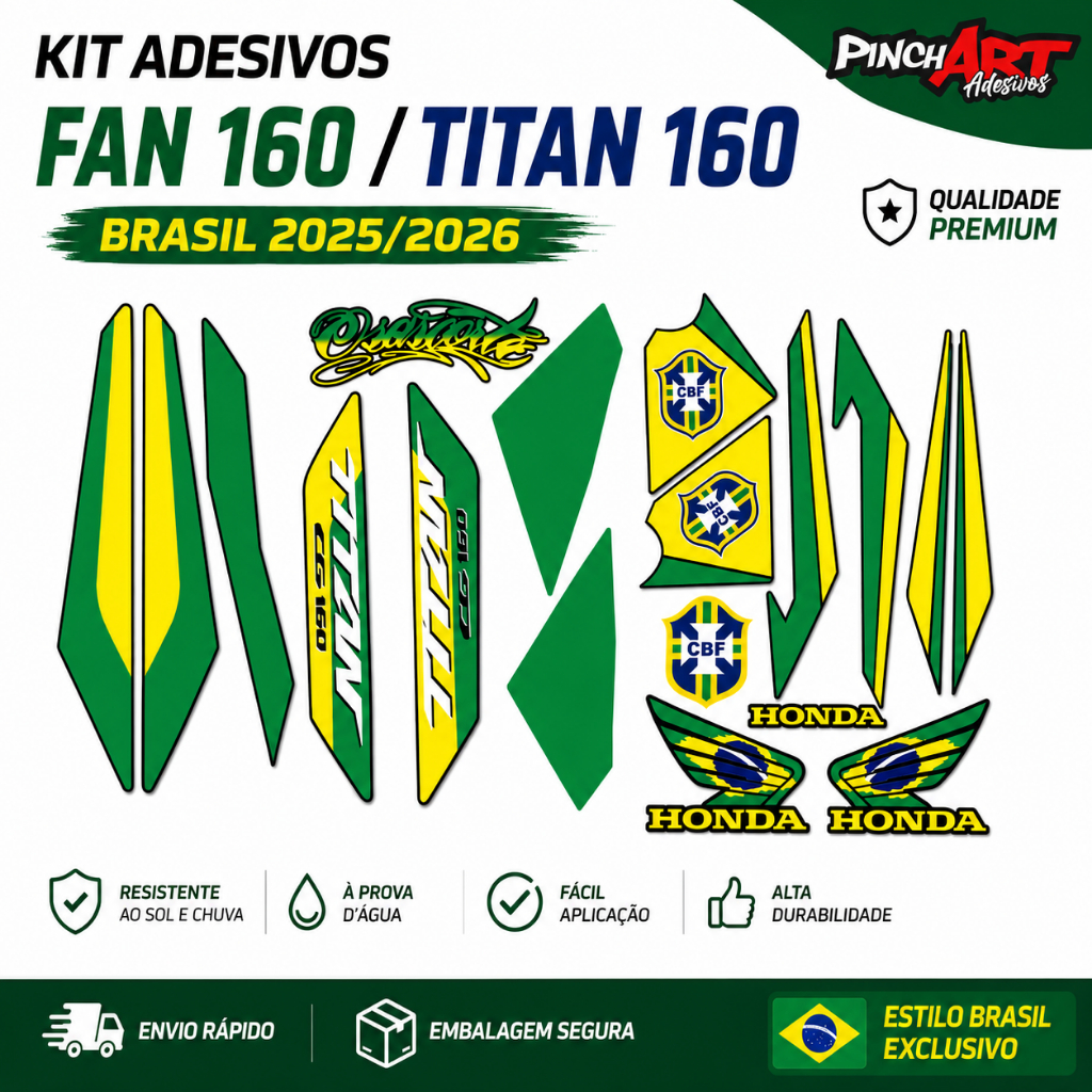 Kit Adesivo Fan / Titan 160 Brasil 2025 - 2026 | Faixa Completa Alta Qualidade | Vinil Premium Resistente. Copa do mundo