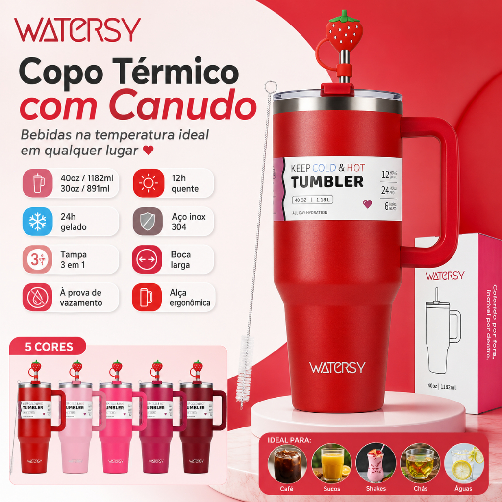 Watersy Copo Térmico 891ml/1182ml Com Tampa e Canudo Garrafa Térmica inox Quente & Frio Thermos Cup