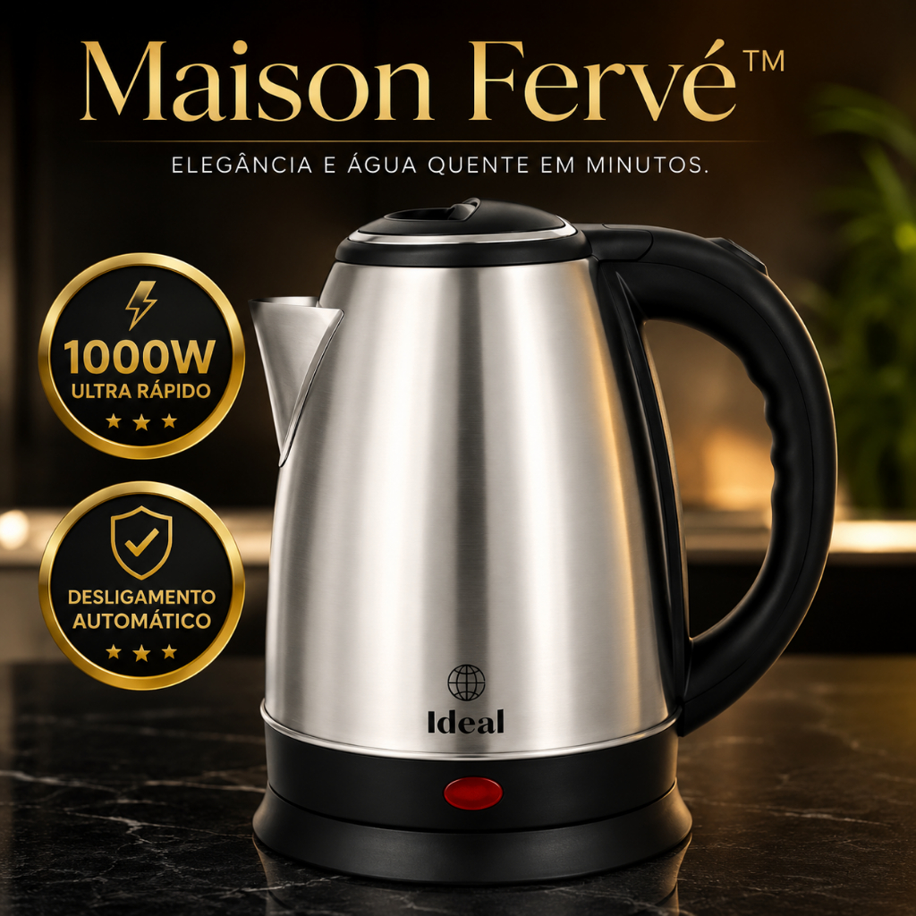 Chaleira Elétrica Inox 1,8L Maison Fervé™ 1000W Aquecimento Rápido Desligamento Automático Cozinha Premium