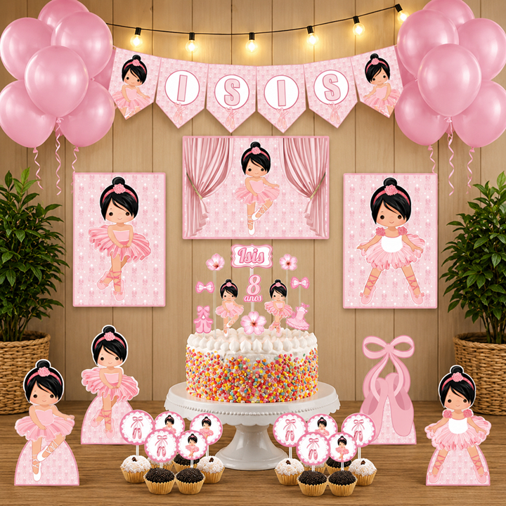Kit festa em casa personalizado Bailarina 17 itens + 1 topo de bolo + bandeirolas