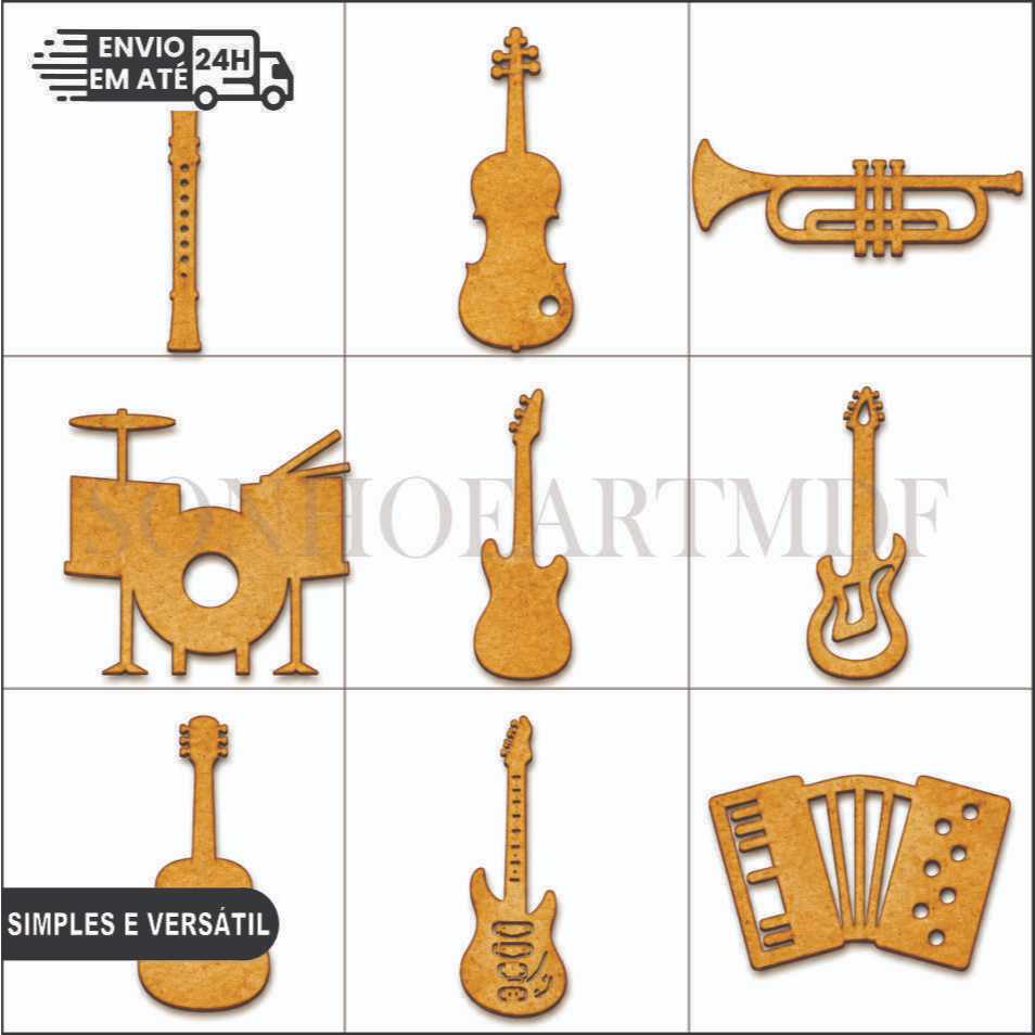 Aplique Música Instrumentos Musicais Notas MDF Cru  Artesanato Corte Laser Scrapbook Decoração DIY Lembrancinha Festa