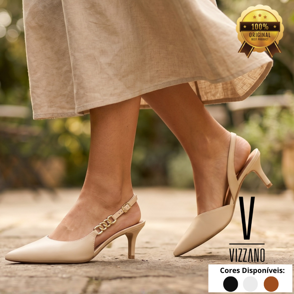 Scarpin Vizzano Feminino Salto Médio Fino Correia Metalizado Fivela Slingback Elegância Original
