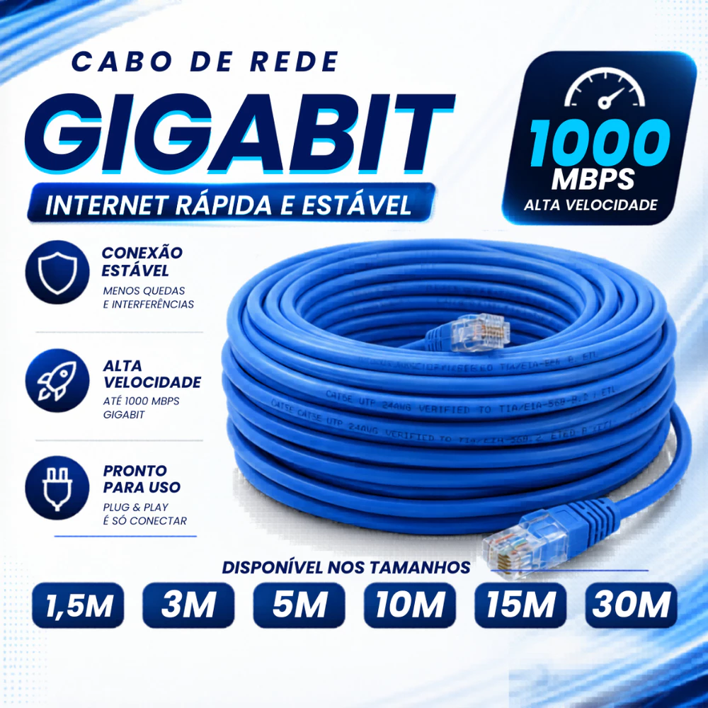 Cabo De Rede Azul RJ45 CAT5e Pc Notebook Roteador Smart Tv Video Game 1,5/3/5/10/15/30 Metros CAT5e