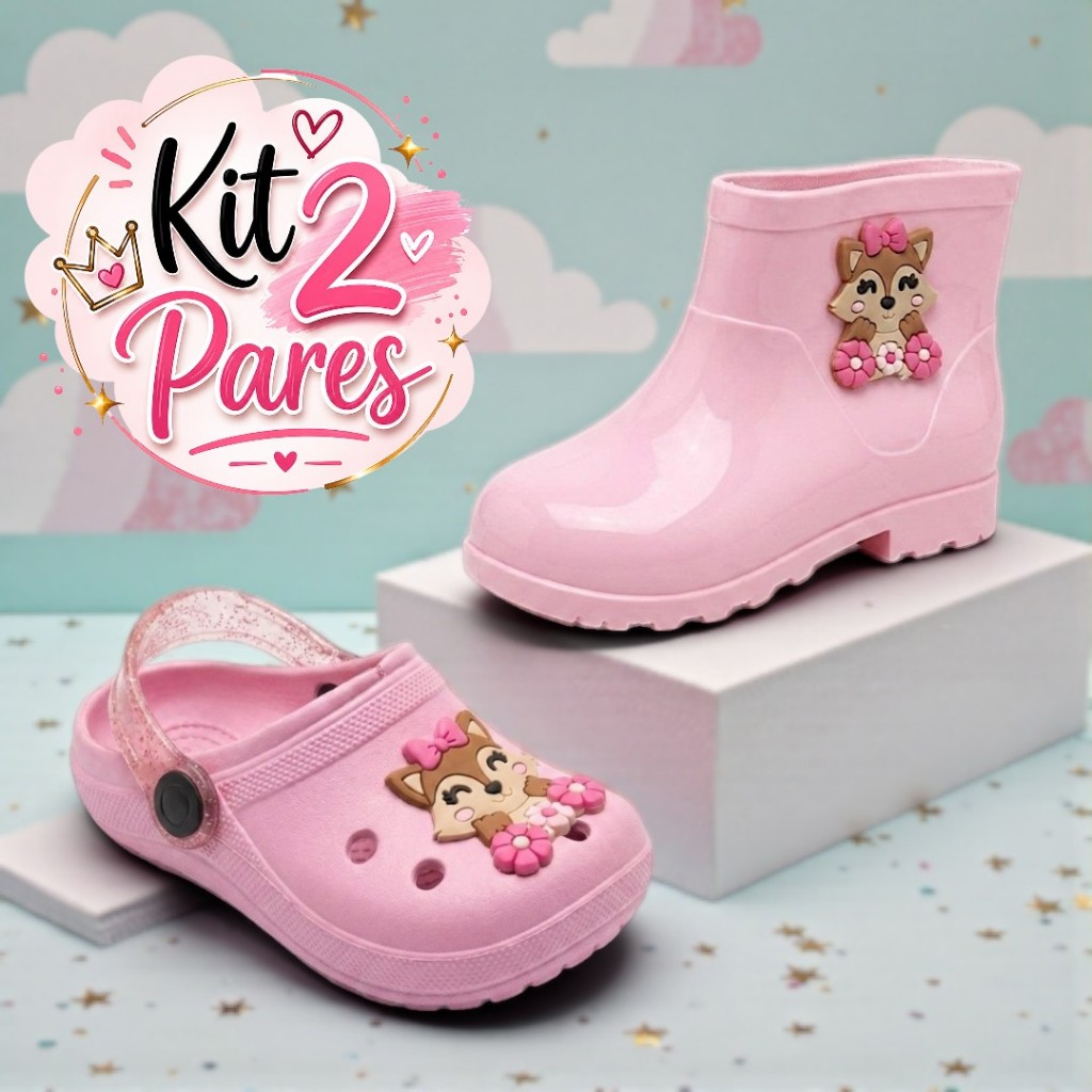 Kit 2 Pares Infantil Menina Galocha e Babuche Leve e Delicado