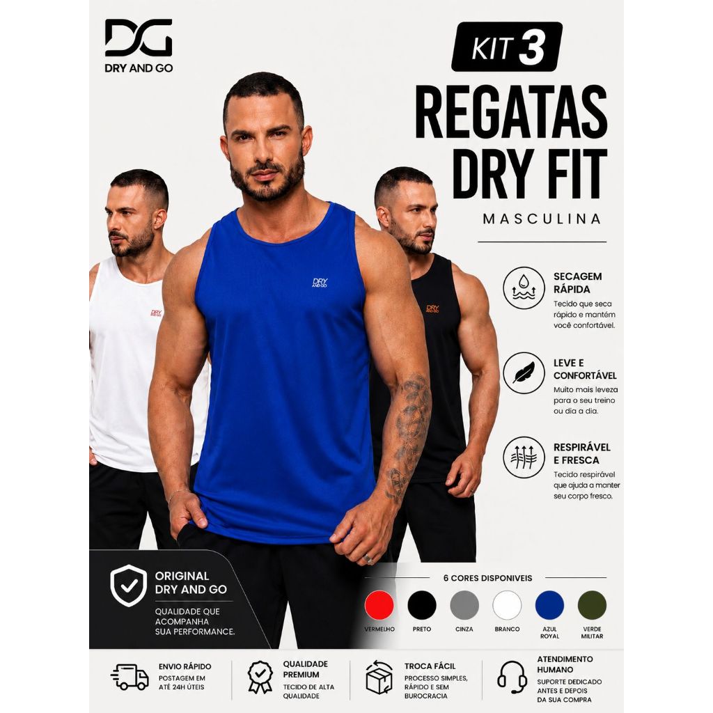 Kit 3 Regatas Dry Fit Masculina Academia Treino Leve Respirável Dry And Go