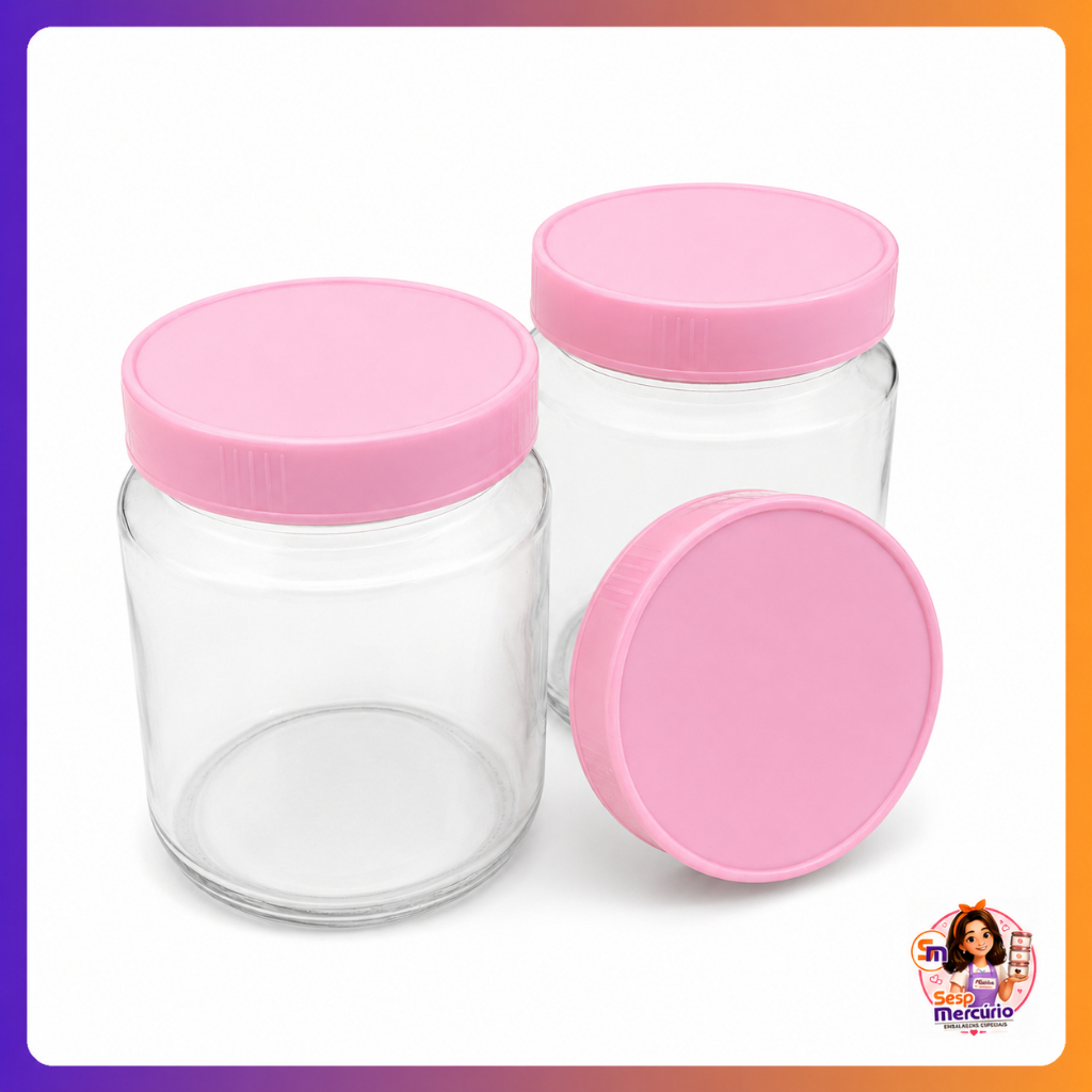 24 Potes De Vidro 200ml Com Tampas Plasticas Rosa BPA Free Para Armazenamento de Leite Materno