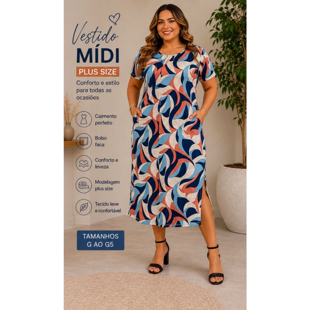 Vestido Midi Plus Size Estampa Casual G ao G5 - Liganete