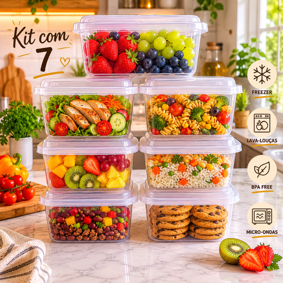 Kit 7 Potes Plásticos 1 L  Retangular Transparente Marmita Fit Freezer Microondas BPA FREE Meal Prep