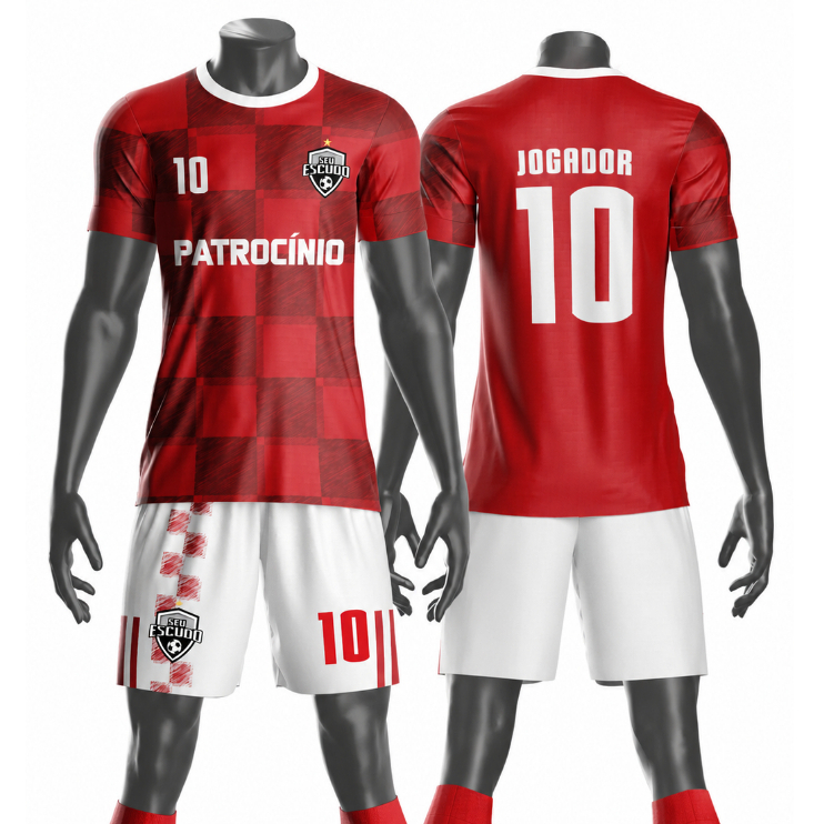 Uniforme jogador futebol amador esportivo camiseta e calção personalizavél nome número escudo mo 120