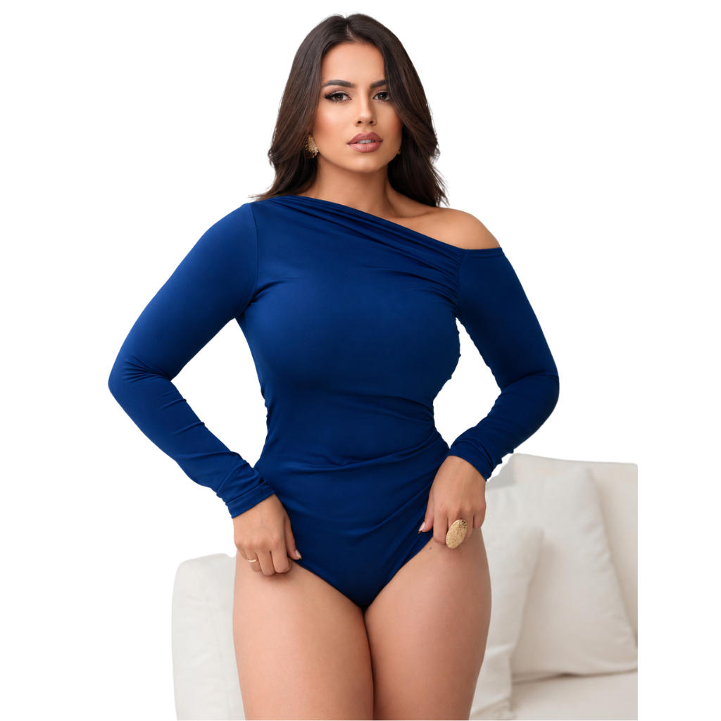 Body Manga Longa Drapeado Feminino Tendência Moda Blogueira Outono/Inverno