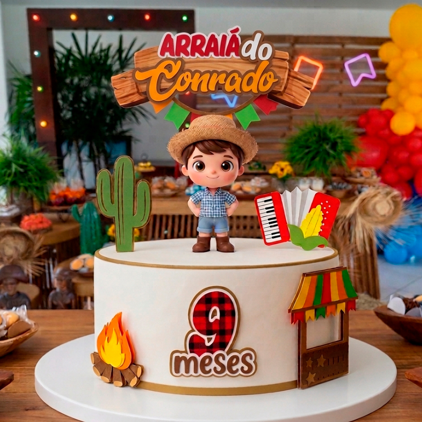 Topo Topper Enfeite de Bolo Mêsversário Aniversário Festa Junina Arraiá Decoração Bolo Personalizado