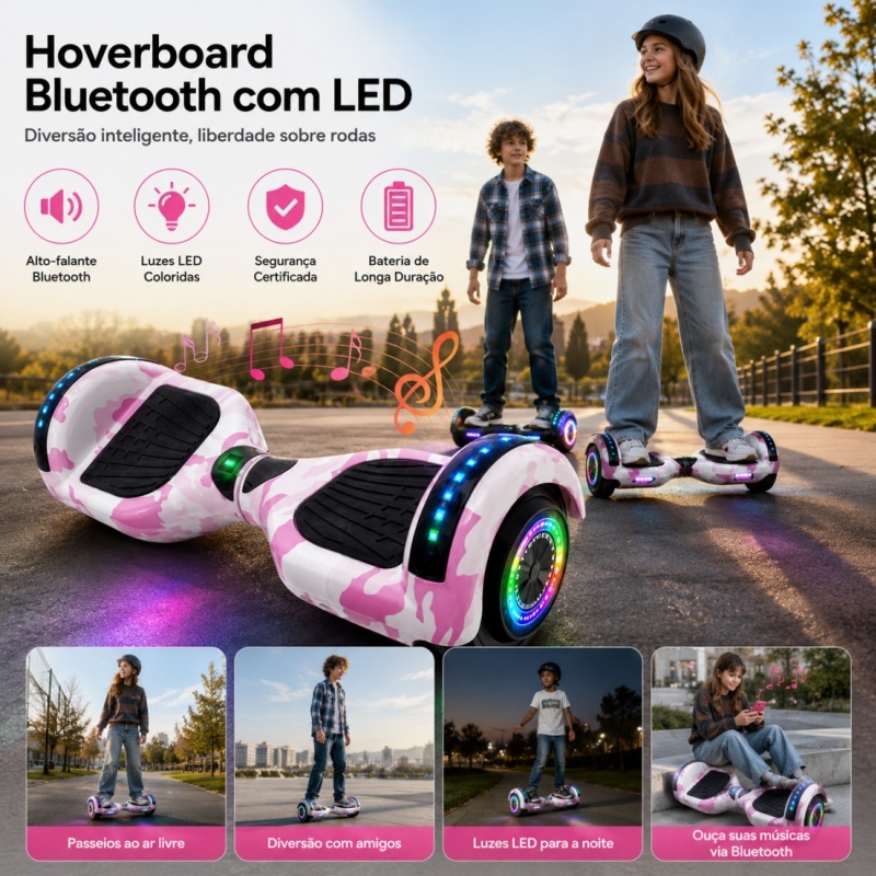 Hoverboard Infantil Camuflado Elétrico 6.5” Com LED Bluetooth Música Bateria De Longa Duração-P10