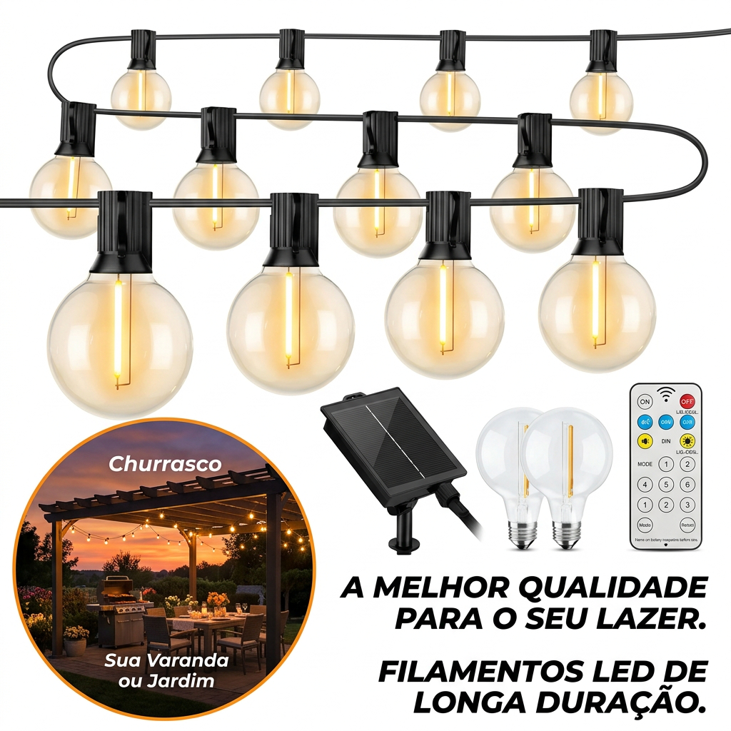 Varal de Luzes Solar 15 metros Com 25 Lâmpadas Externo De Corda Festao Painel Jardim, Terraço