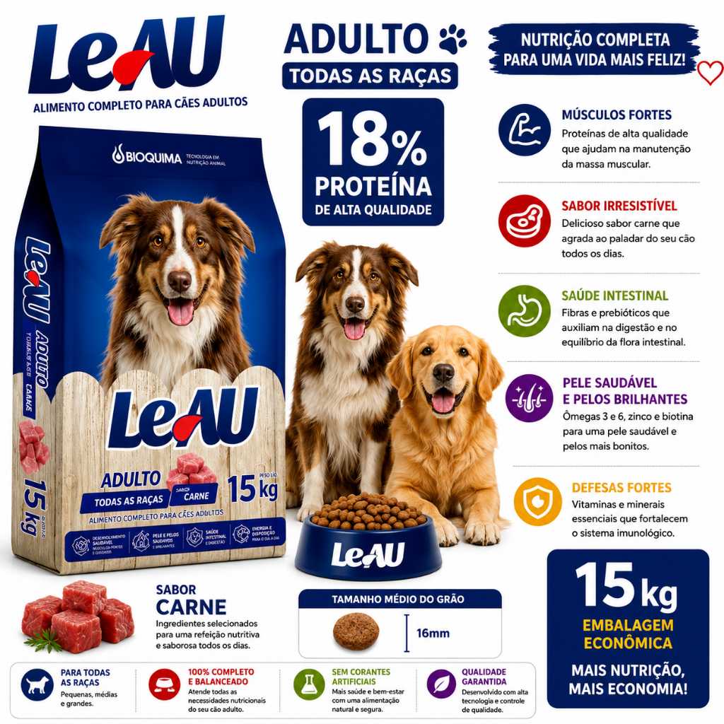 Ração Cachorro Adulto 15kg Leau Dog Sabor Carne 18% Proteína