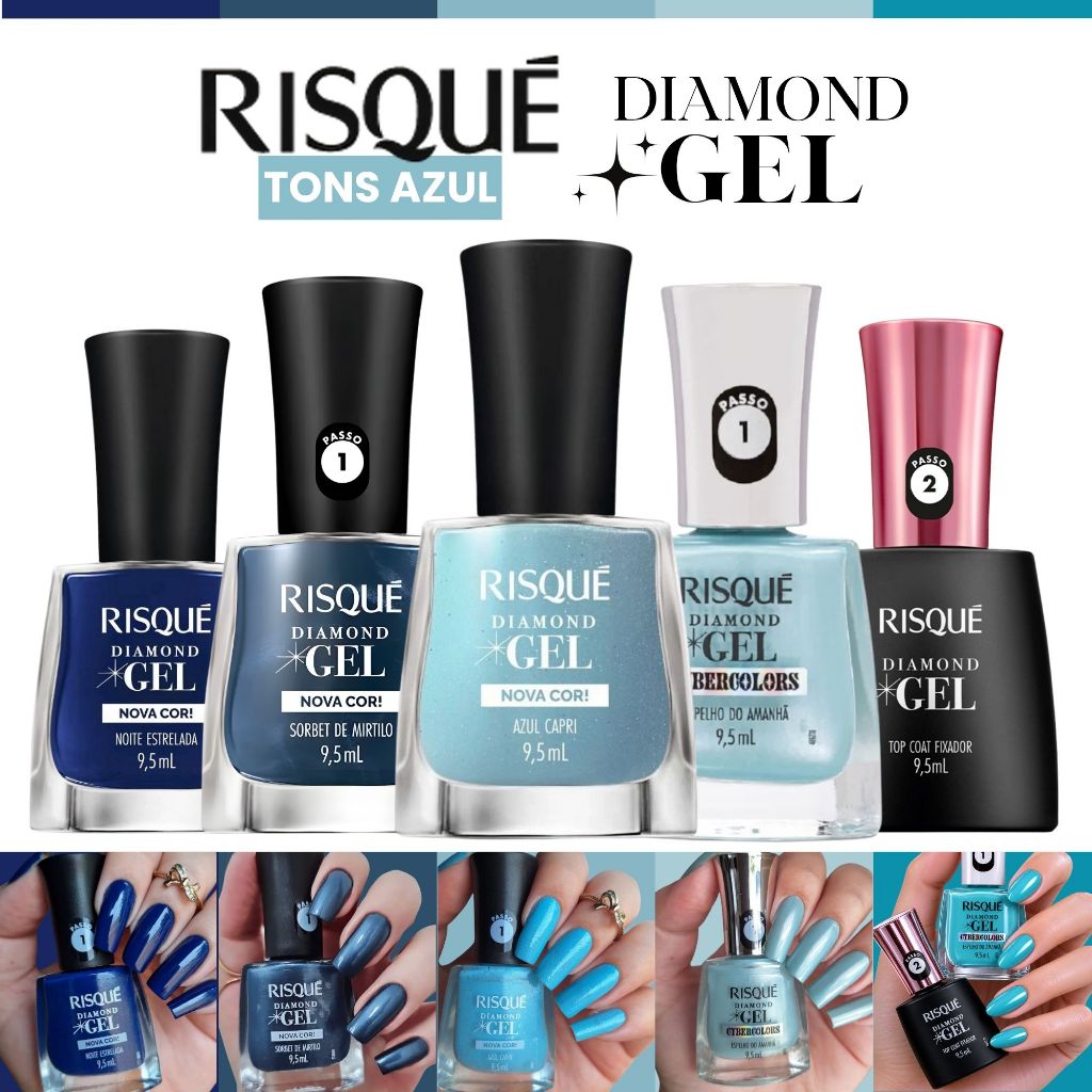 Kit 5 Esmaltes Gel Risque Novas Cores Cybercolors Risque Diamond Gel Tons Azul Esmalte Atacado