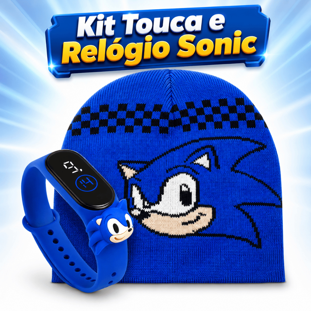 Touca Sonic Infantil + Relógio Digital LED Criança Gorro Quente Personagem Menino