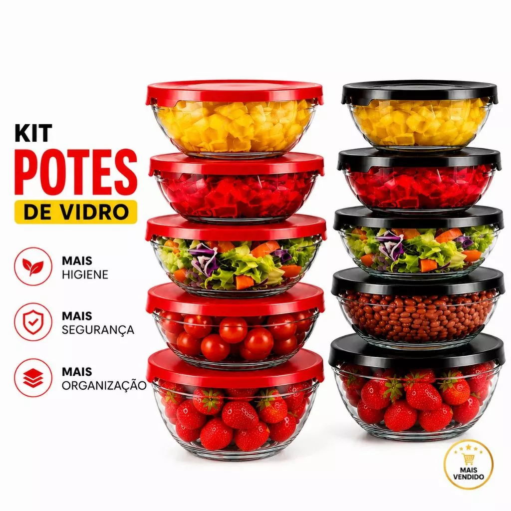Kit Conjunto 5/10 Potes Tigela de vidro Bowl comTampa Resistente Organizador de Geladeira e Armazenamento Cozinha — imagem 1