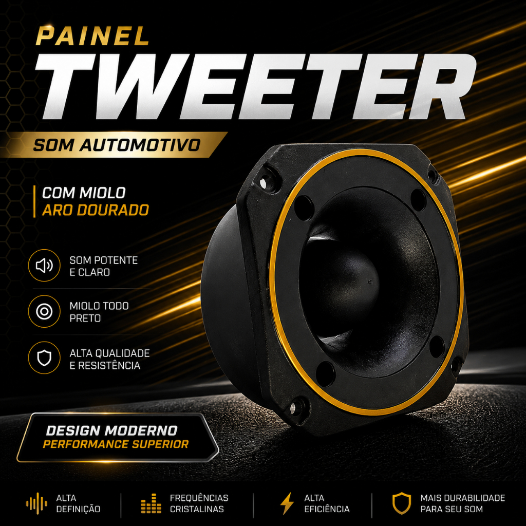 Painel Tweeter Zetta Tiger Preto Som Automotivo Com Miolo Aro Dourado