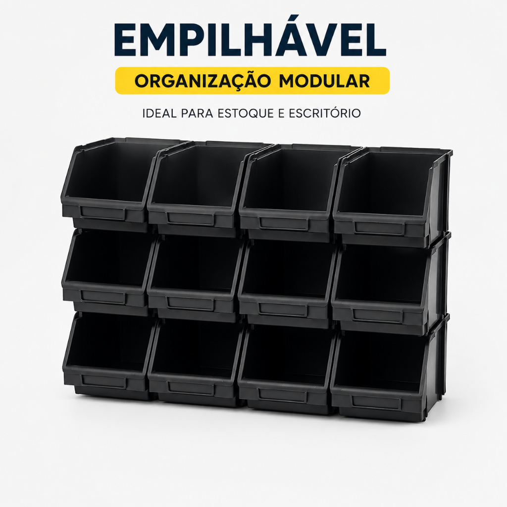 Kit 12 Bin Gaveta Plástica Prática Empilhável N°3 Preta Organizador