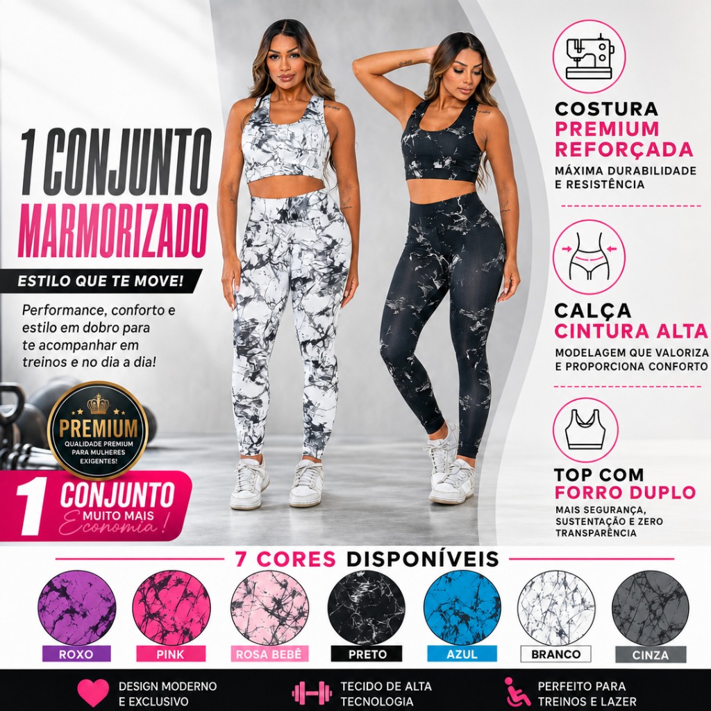 Conjunto Feminino Tie Dye Marmorizado Academia Fitness Legging Cintura Alta e Top Ginastica