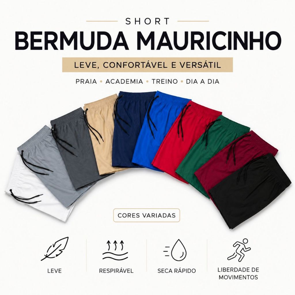 kit 2 Bermudas Mauricinho, Shorts Masculino Tactel, Elastano, Academia, Praia, Piscina, Secagem Rápida