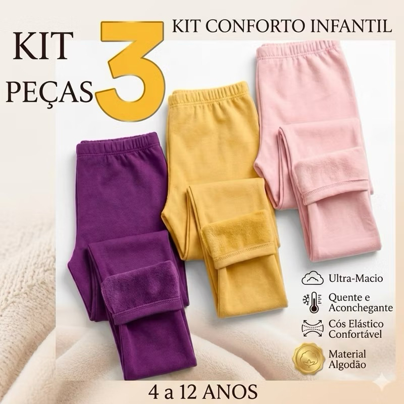 Kit 3 Leggings Flanelada Algodão Cores Lisas e Estampadas Sortidas Infantil Feminino Menina 2 a 12 Anos