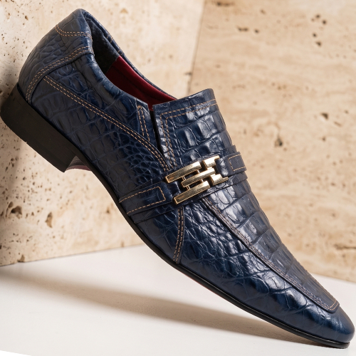 Sapato Social Masculino Couro Croco Azul Italiano 005