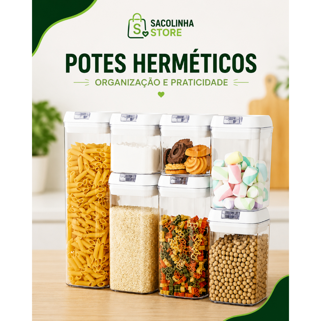 Kit Potes Herméticos Organizadores Mantimentos BPA Free Tampa Vedação 500ml 800ml 1200ml 1900ml