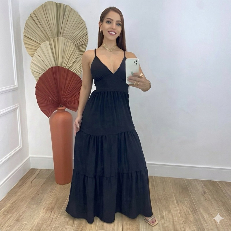 Vestido longo  três maria com bojo  Duna  babado Feminino  -Elegância, leveza e caimento perfeito
