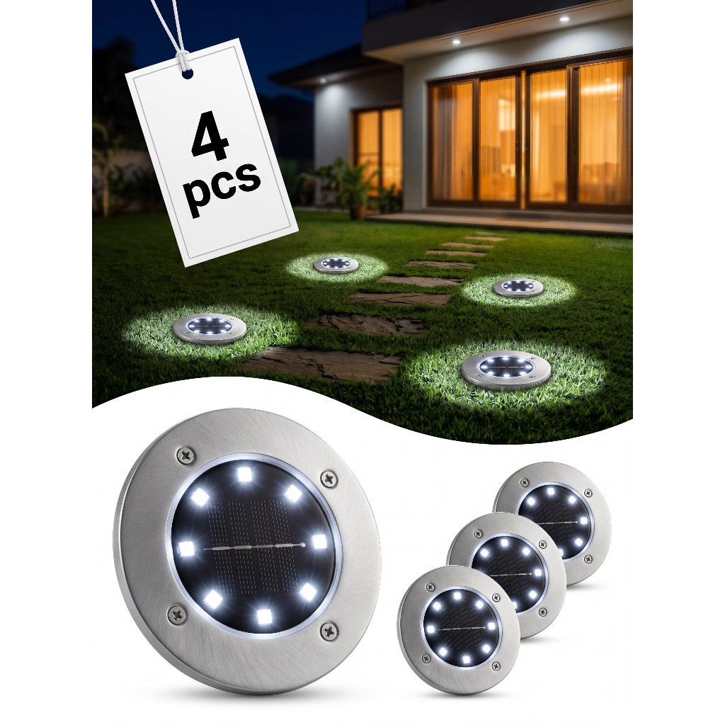 Kit 4 Luminarias Jardim Assoalho Solo Chão Placa Solar Grama LED Branca Decoração Lampada