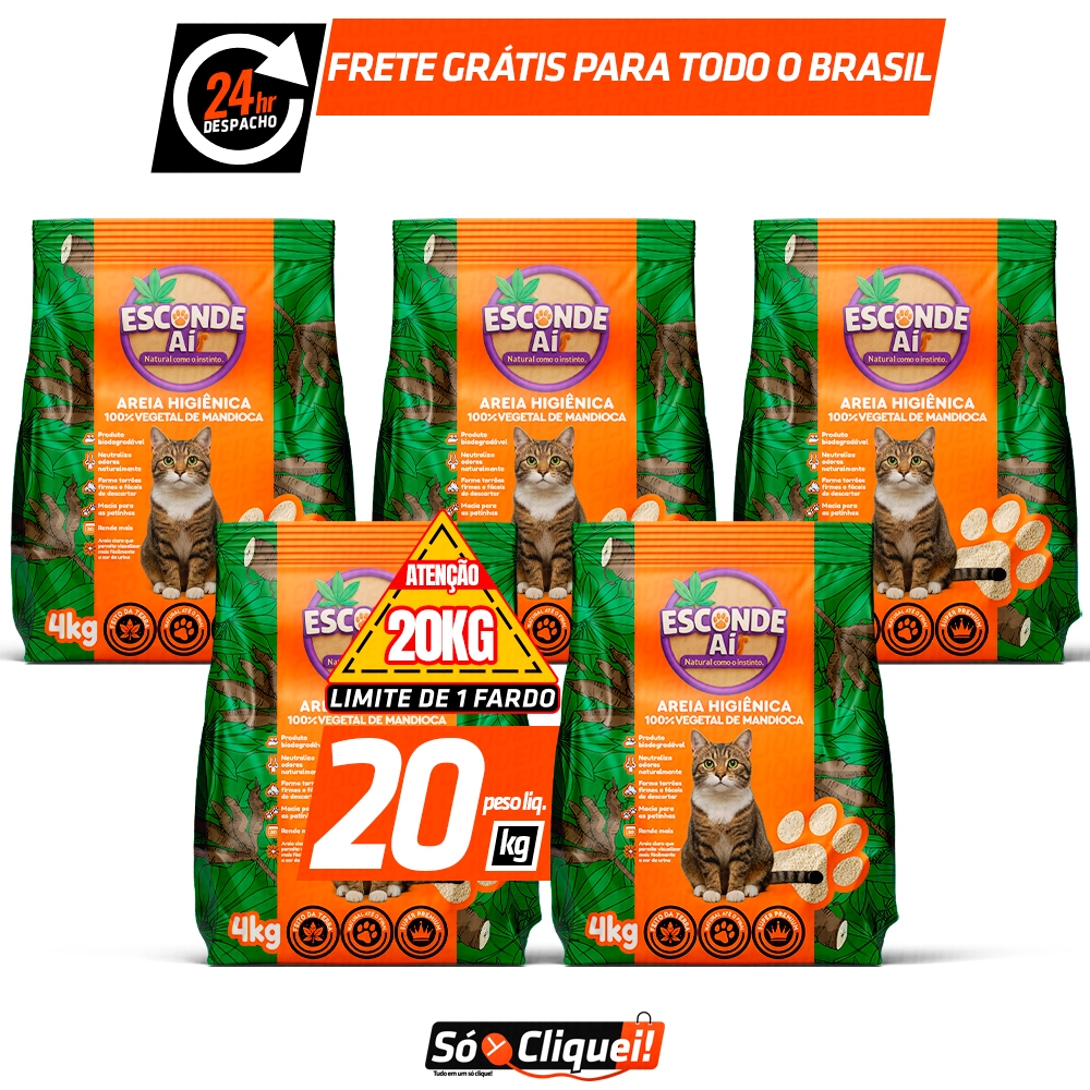Kit 5 Areia de Mandioca Esconde Aí Granulado Sanitário 100% Biodegrável de Gato Forma Torrões Alta Absorção 4 a 20KG