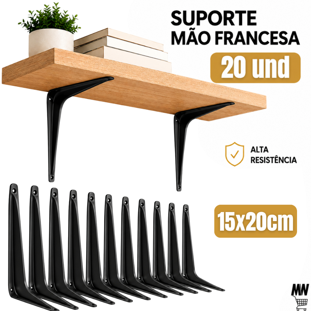Suportes Mão Francesa Preta 15 X 20cm Prateleira Tábua Cantoneira Reforçada Preta - Envio Imediato