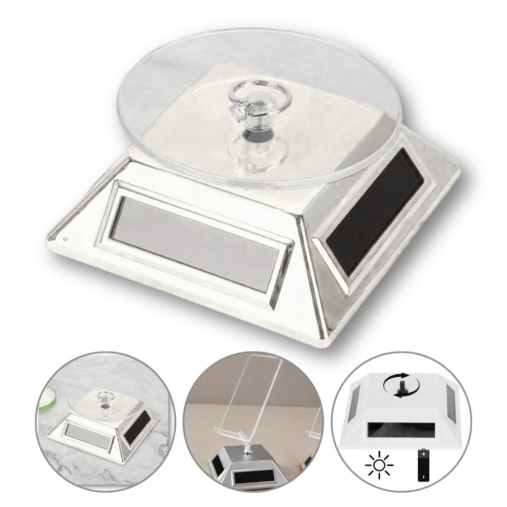 Mini Expositor De Jóias 2 em 1 Suporte p/ Celular 10cm Giratório Para Mesa Energia Solar e Bateria