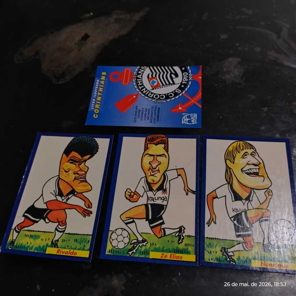 Coleção Futebol Cards Multi Editora. Caricaturas Corinthians, Rivaldo, Zé elias e Henrique, ano 1994.