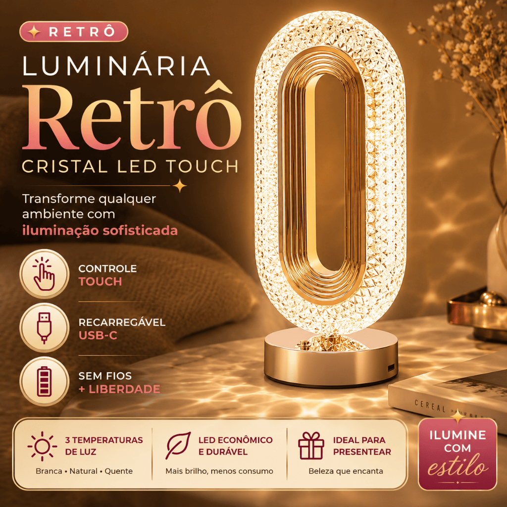 Luminária Cristal LED Touch Recarregável USB 16 Cores Abajur Retrô Controle Remoto Decorativa