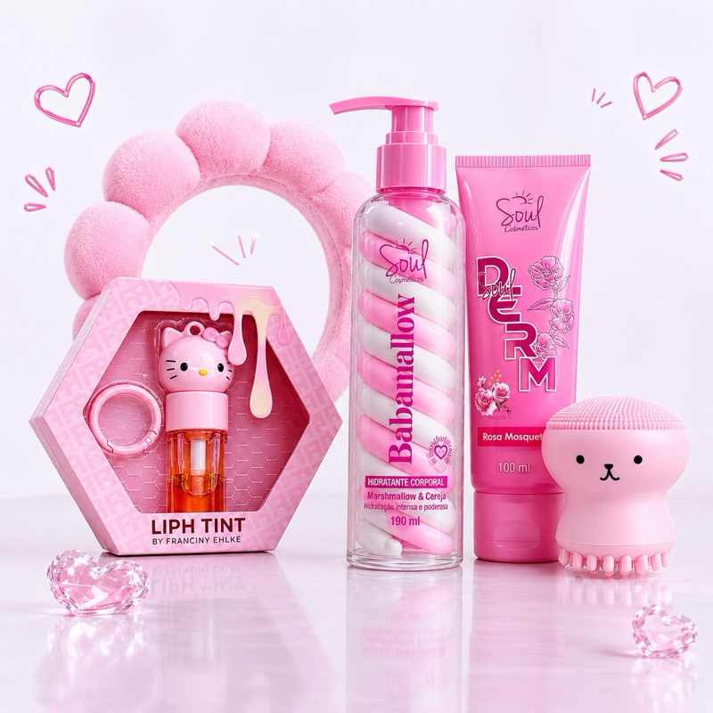 Kit Skincare Infantil Hello Kitty Completo | Tiara Nuvem Gloss Labial, Sabonete, Hidratante Marshmellow e Esponja Facial