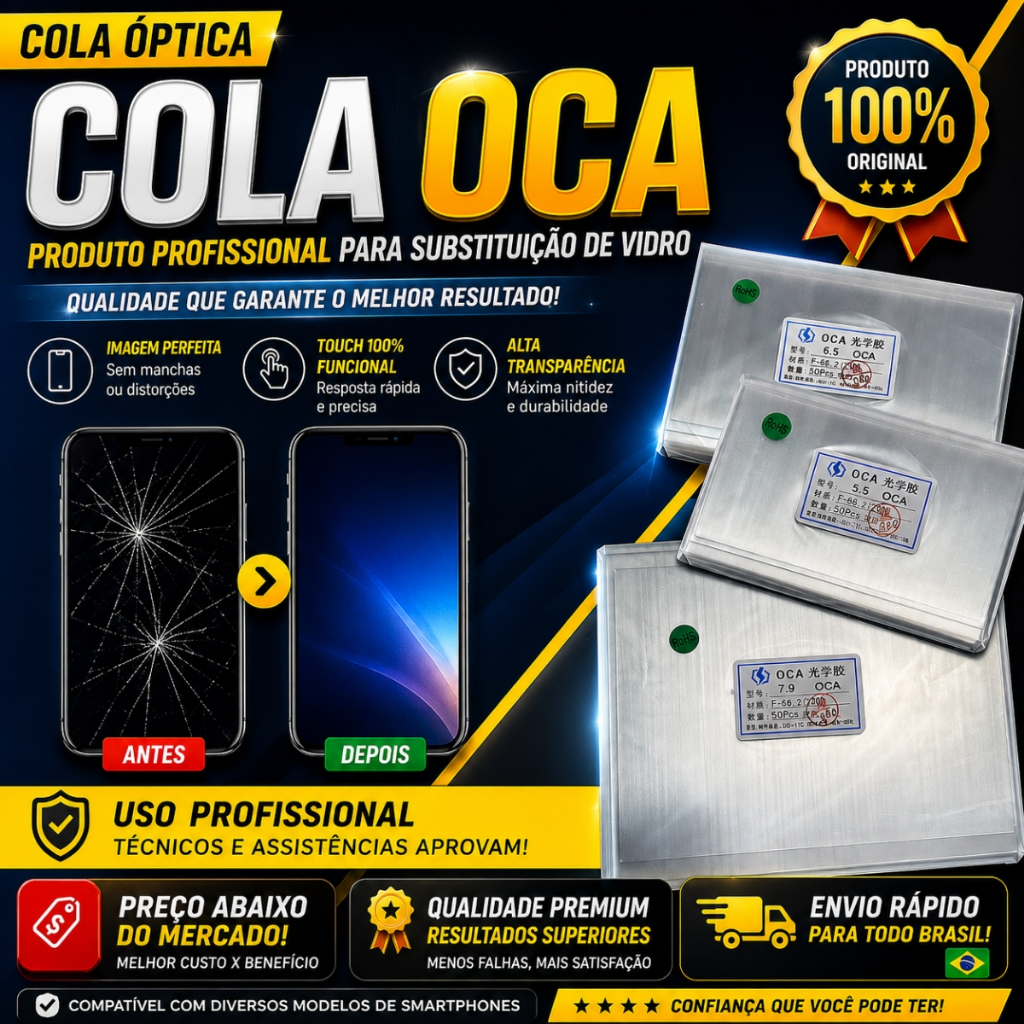 kit 50 Cola oca universal para tela celular tamanhos 4.7 - 5.5 - 6.5 - 7.2 - 7.9 - 8.5 - 9.7 - 10.5