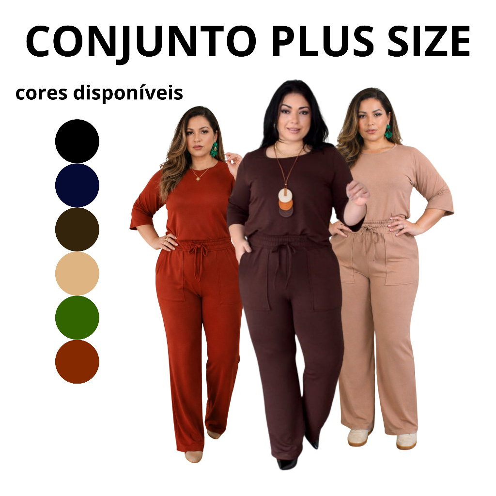 Conjunto Moletinho Plus Size Feminino  Blusa 3/4 e Calça Pantalona Confortável