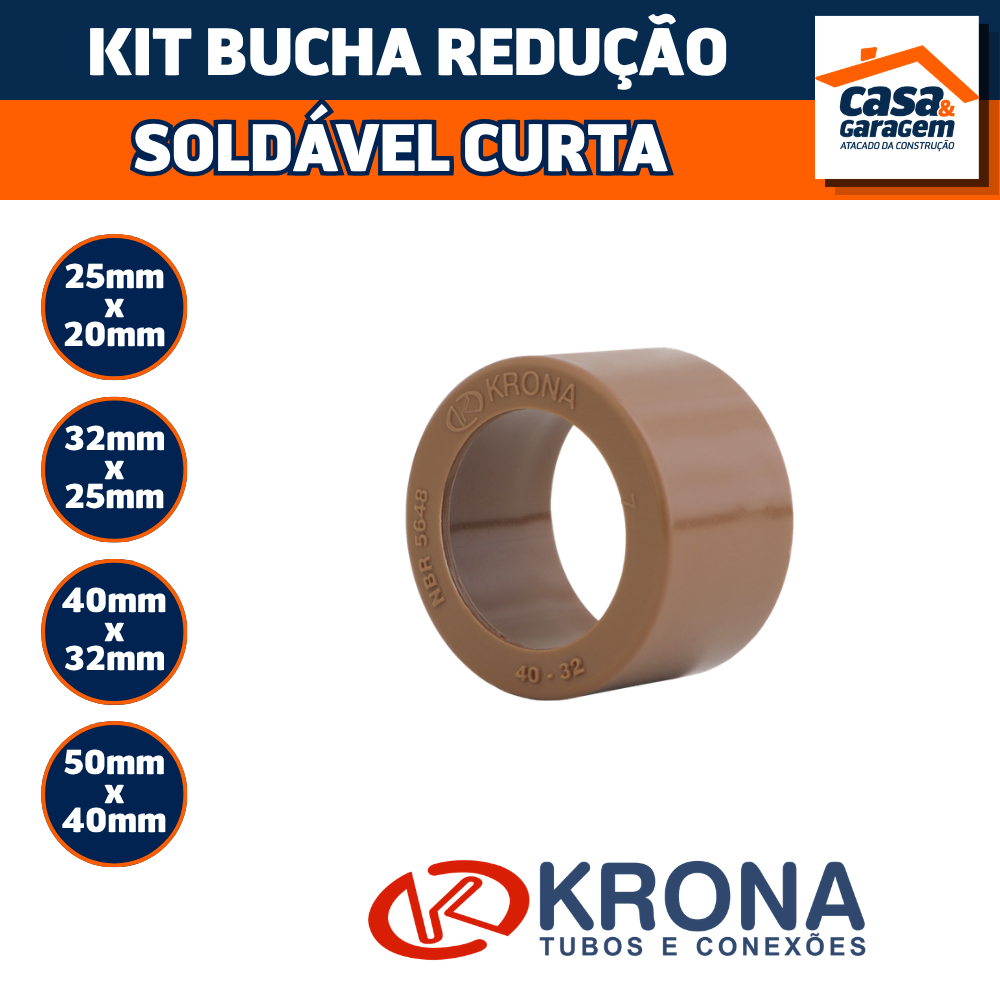 Kit de Buchas de Redução Soldável Curta Krona Conexão Hidráulica PVC