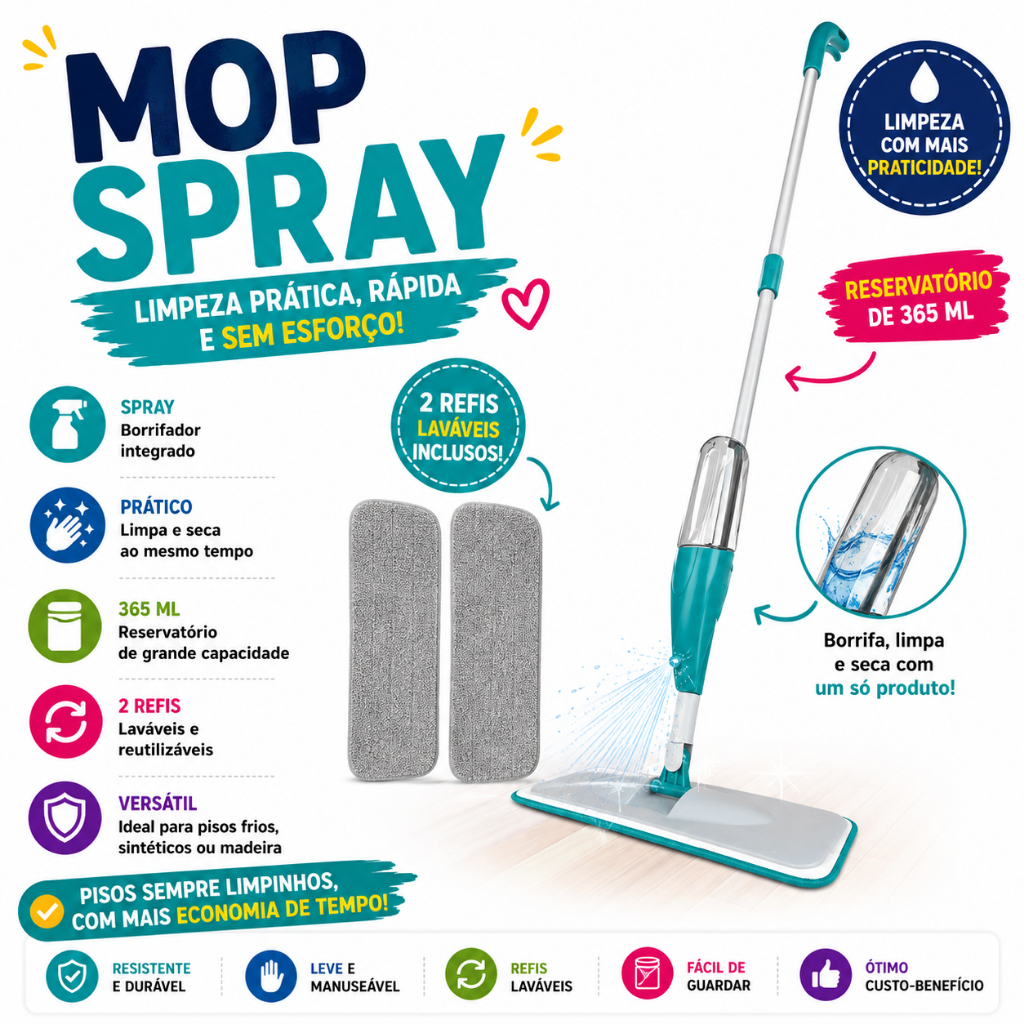 Mop Spray com Reservatório para Limpeza de Todos os Pisos + 2 Refis Microfibra Lavável Alta Absorção
