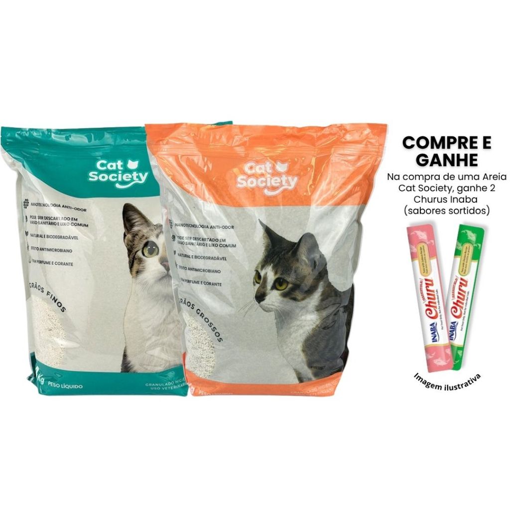 Kit 2 Areias Higiênicas Biodegradáveis Gatos Roedores Cat Society Grãos Grossos & Finos 4kg