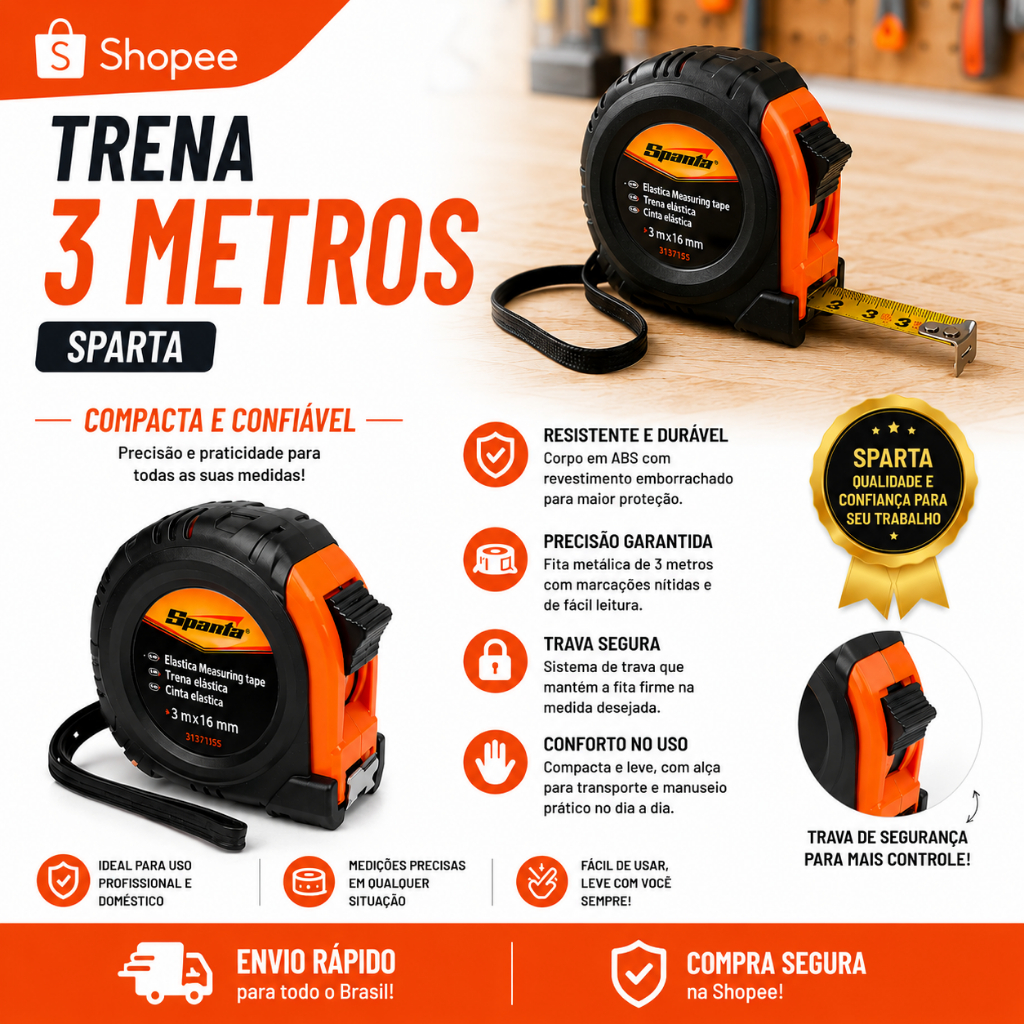 Trena Emborrachada 3 Metros Sparta 3mx16mm Fita em Aço Com Trava Profissional