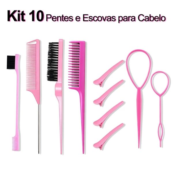 Kit 10 Pcs Pentes e Ferramentas para Penteados, Escovas + Clipe Bico de Pato + Ferramenta de Trança — imagem 1