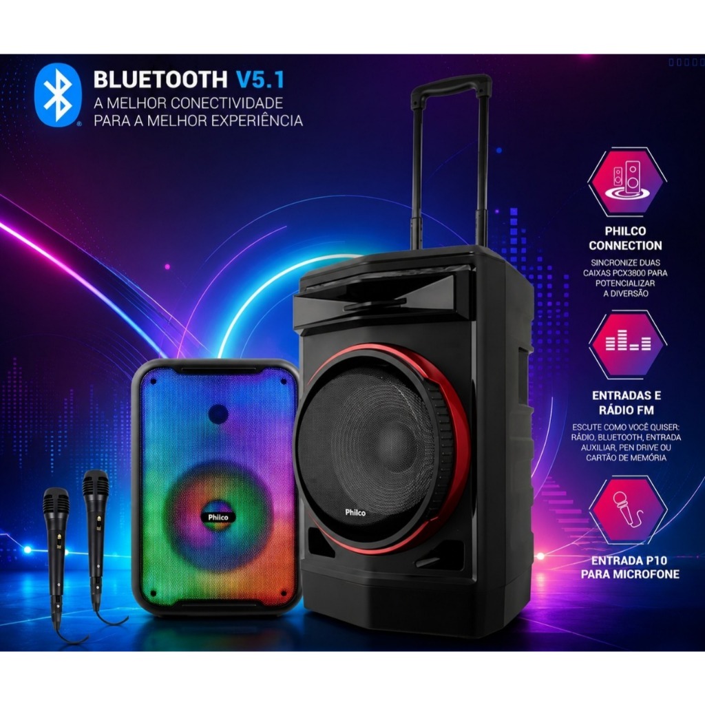 Caixa de Som Amplificada Philco PCX3800 250w / PCX7100 750w Bluetooth Karaokê + 2 Microfones Com Fio Potente Festa