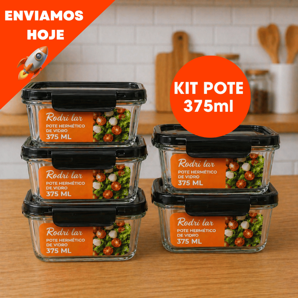Kit 10 ou 5 Potes Vidro Tampa Hermético 375ml Retangular 4 Travas Premium - Preto Vermelho