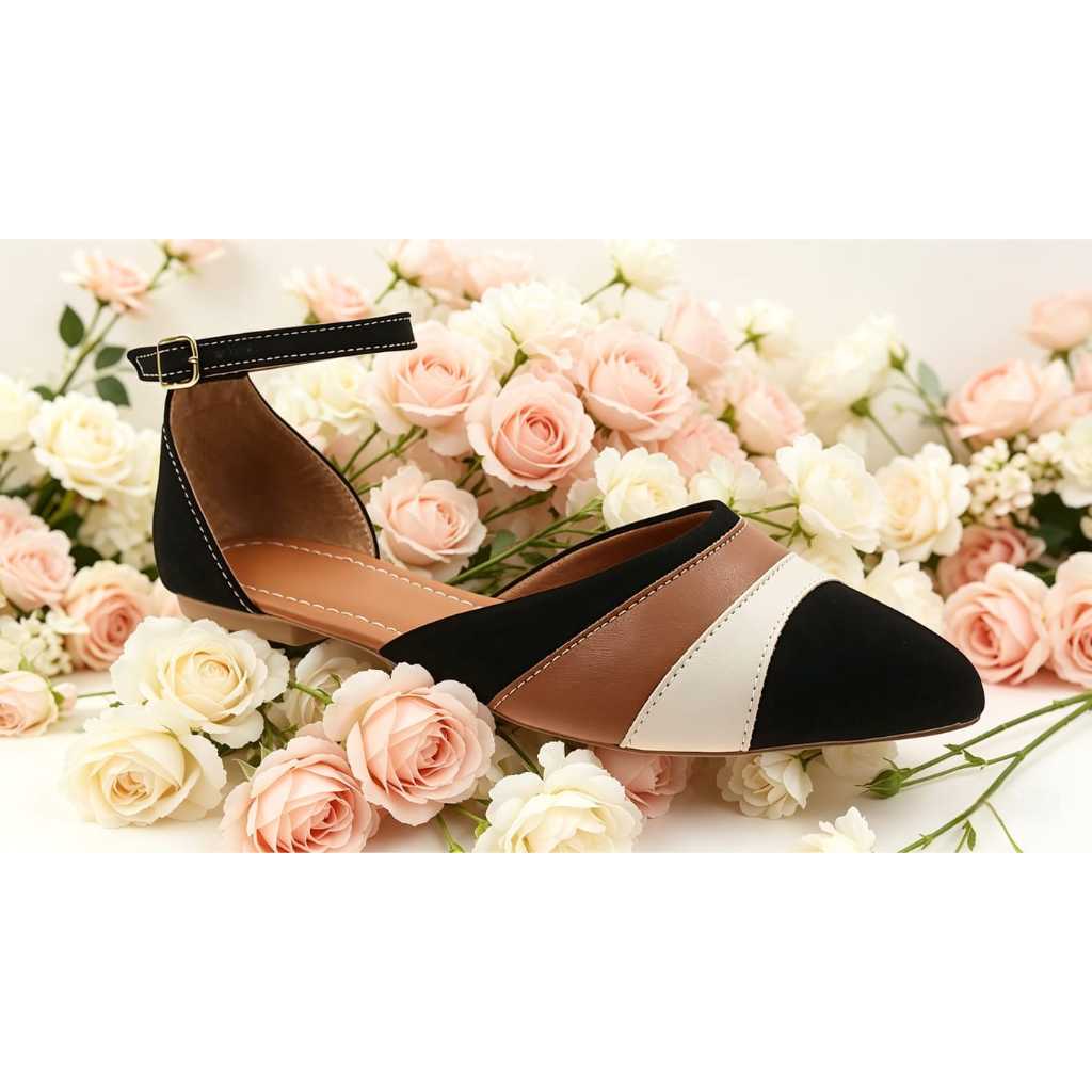 SALOMÉ SAPATILHA FEMININA BICO FINO CONFORTAVÉL E ELEGANTE PRETA COM DETALHE EM BRANCO E CARAMELO