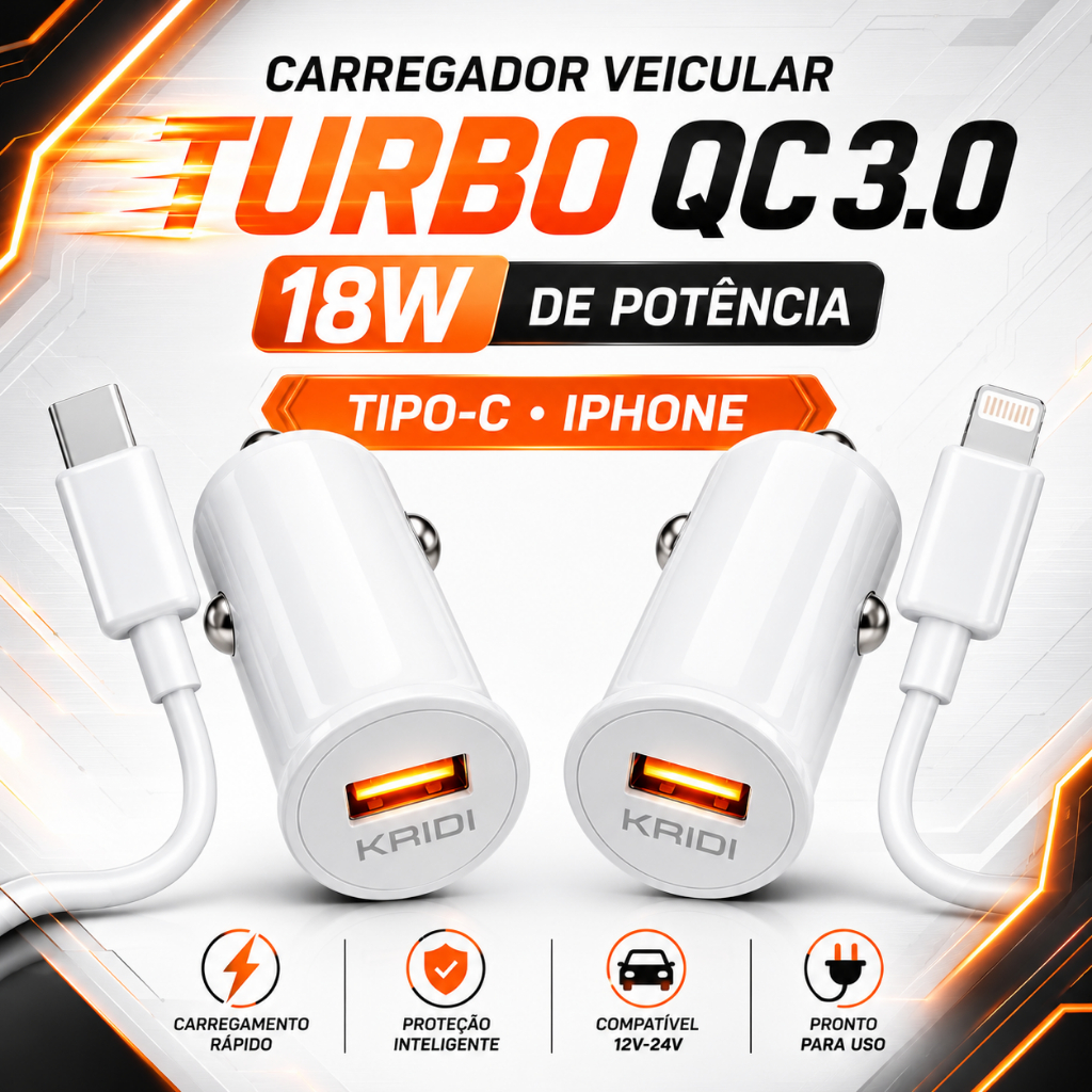 Carregador Veicular Turbo QC 3.0 18W Tipo C Lightning iPhone Android USB Carro Universal