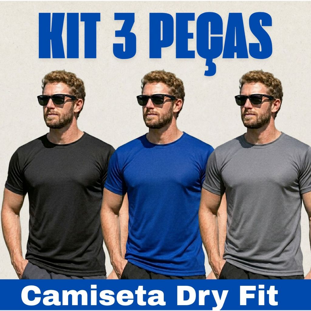 Kit 3 Camisetas Masculina Dry Fit Premium para Academia Básica Confortável Manga Curta Malha Fria